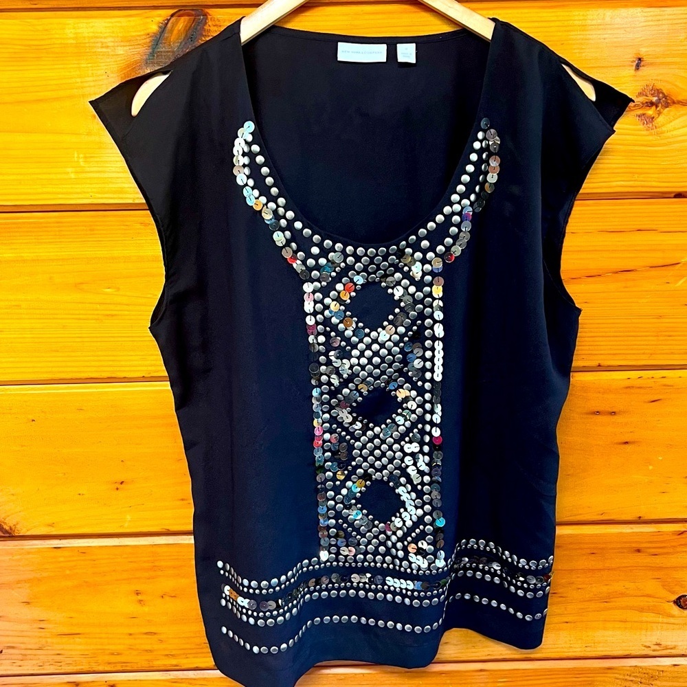 New York & Company Black Golden Sequin Studded Embellished Short Slit Sleeve Top